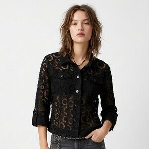 Unbranded Blouse Black Button Grunge Indie Sheer Mesh Whimsigoth Burnout L